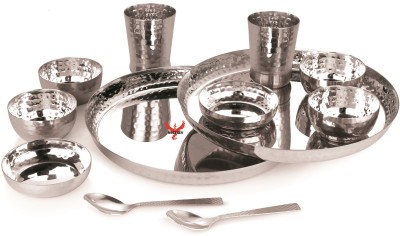 Moltres Pack of 12 Stainless Steel -Royal Hammer Steel Dinner Set -Includes 2 Thali,4 Bowls,2 Plate,2 Spoon,2 Glass Dinner Set(Steel, Microwave Safe)