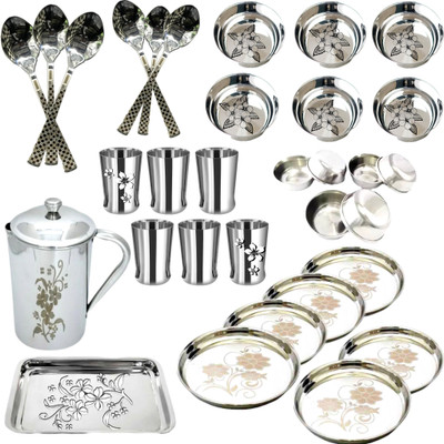 Mr.Cook Pack of 32 Stainless Steel Dinner Set/Dinner Plates/Glass/Ktori/Spoon/Small Bowl/1Tray and Jug with Lid. Dinner Set(Grey)