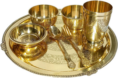 A & H ENTERPRISES Pack of 7 Brass Floral Design Pital Thali Set , Dinner Set for Dinnerware Serveware Dinner Set(Gold)