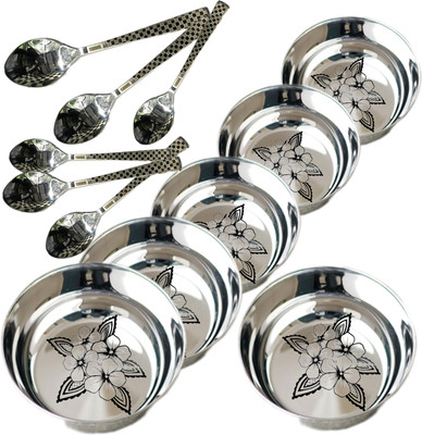 Qality Stainless Steel 6 in 1 Spoon-Bowl Dinner Set(Silver)