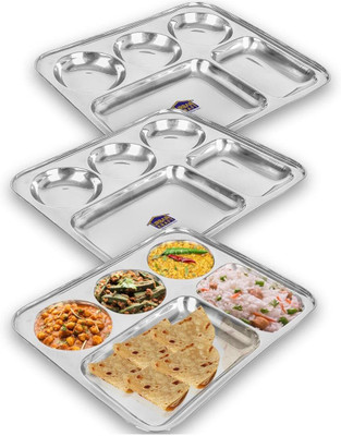 HABEEB INCC Stainless Steel Divided Dinner Plate, , Bhojan THAAL WEIGHT -500 GRAMS EACH Sectioned Plate(Pack of 3)
