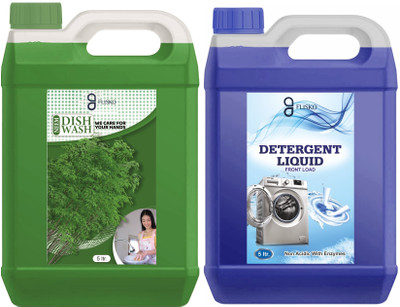 FLISKO 5 ltr Green Dish wash+5 ltr front load Liquid Detergent Gel Can,Fast Cleansing Dish Cleaning Gel(lemon, 2 x 5 L)