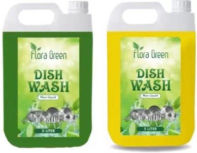 Flora Green Dish Wash 10Ltr Non Acidic Gel,Dish Cleaning Gel,green and yellow combo 10litre Dish Cleaning Gel(lime, 2 L, L)