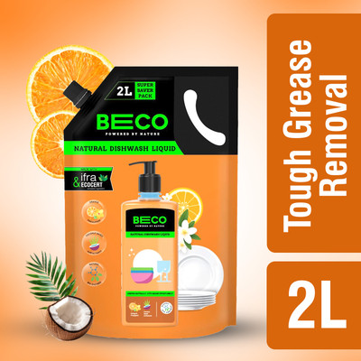 Beco Dishwash Liquid |Orangey Freshness| Tough Grease removal formula| Ecofriendly Dish Cleaning Gel(Orange & Frangipani, 2000 ml)