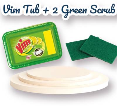 Vim Lemon Tub 250g. + 2 Green Scrub Dishwash Bar With Offer Pack Dishwash Bar