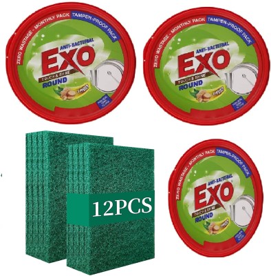 Exo Antibacterial Dishwashing Round Bar, 12 Green Scrub Utensils Cleaning Dishwash Bar(3 x 250 g)