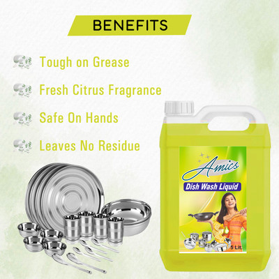 AMICSHIREN Dishwash Liquid Gel Lemon Can,Fast Cleansing & Antimicrobial action for utensils Dishwashing Detergent(5 L)