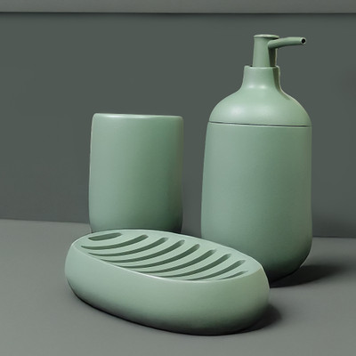 iBELL Green Smooth Finish Modern Bath Set with Soap Dispenser, Soap Case & Tumbler Polyresin Bathroom Set(Pack of 3)