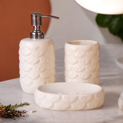 The Transit Story Hand-Painted Liquid Soap Dispenser, Soap Case & Toothbrush Holder Rust-Proof Ceramic Bathroom Set(Pack of 3)