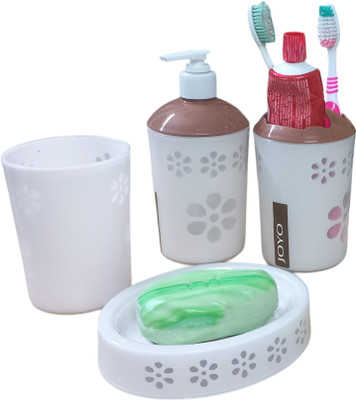 ST Traders 4-Piece Bathroom Accessory Set | Soap Dispenser, Toothbrush Holder(Cream)