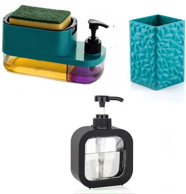vkventure Refillable soap/Liquid Dispenser for Bathroom & Kitchen Combo Set Black Plastic Bathroom Set(Pack of 3)