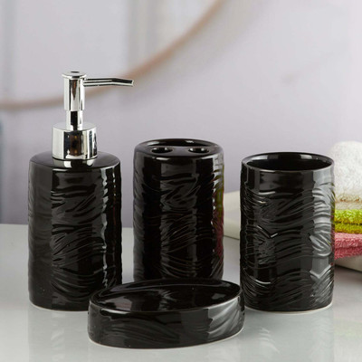 Kookee Ceramic Bathroom Accessories Set of 4 Bath Set with Soap Dispenser (10251) Ceramic Bathroom Set(Pack of 1)