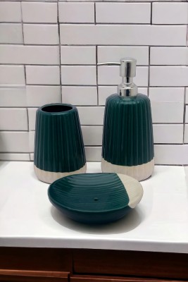 Malaikah Dark Green Bathroom Set (Dispensor , Toothbrush Holder, Soap Case) Ceramic Bathroom Set(Pack of 3)