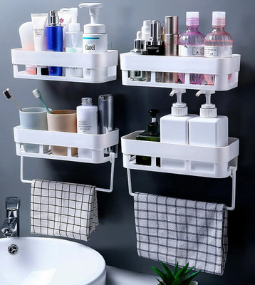 STARLLER MultipurposeWall Mount Bathroom Storage Wall Shelf and Towel Hanger Plastic Wall Shelf(Number of Shelves - 4, White)