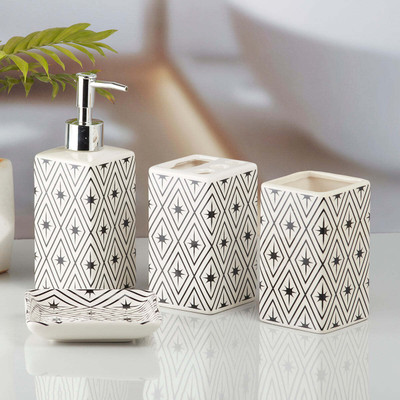 Kookee Ceramic Bathroom Accessories Set of 4 Bath Set with Soap Dispenser Ceramic Bathroom Set(Pack of 4)