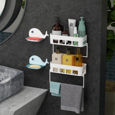 Mirramor Wall Shelves Kitchen Bathroom Shelves with Fish Shape Soap Stand & Towel Rail Plastic Bathroom Set(Pack of 6)