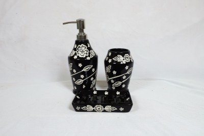 TPD Black white leaf print (Liquid Dispenser, Toothbrush Holder and Soap Dish) Ceramic Bathroom Set(Pack of 3)