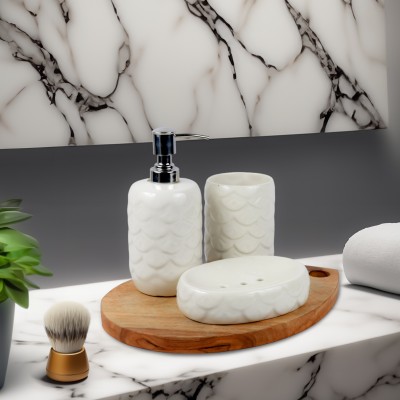 kaolinite Bathroom Accessories Set | 1 Soap Dispenser | 1 Toothbrush Holder | 1 Soap Case Ceramic Bathroom Set(Pack of 3)