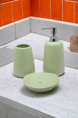 Malaikah Parrot Green Bathroom Set (Dispensor, Tooth Brush Holde, Soap Case) Ceramic Bathroom Set(Pack of 3)