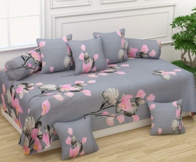 Pinkleaf Polycotton Floral Diwan Set(Grey, Pink)