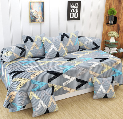 Homefab India Polycotton Geometric Diwan Set(Grey)