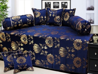 LE HAVRE Polycotton Floral Diwan Set(Dark Blue, Gold)