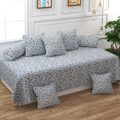TURIYA Cotton Abstract Diwan Set(Dark Blue, White)