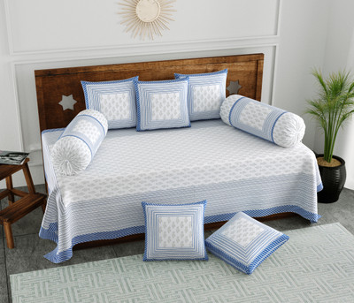 Blocks Of India Cotton Paisley Diwan Set(Blue, White)