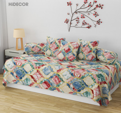 HIDECOR Cotton Abstract Diwan Set(Multicolor, Blue)