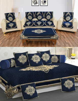 Linemates Chenille Floral Diwan Set(Blue)
