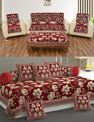 Linemates Chenille Floral Diwan Set(Multicolor)