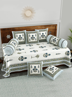 Blocks Of India Cotton Paisley Diwan Set(Blue, White)