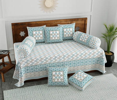Blocks Of India Cotton Paisley Diwan Set(Green, White)