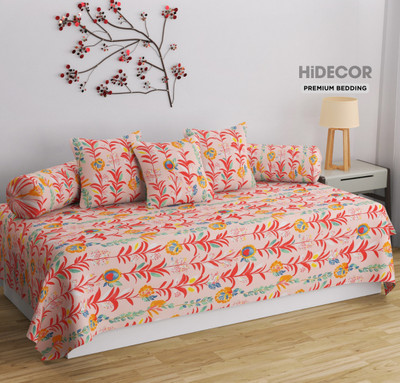 HIDECOR Cotton Abstract Diwan Set(Pink, Yellow)