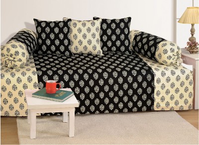 SWAYAM Cotton Abstract Diwan Set(3 Cushion Covers, 2 Bolster Covers, 1 Diwan Sheet, Black, Beige)