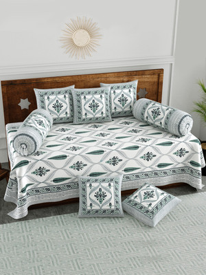 Blocks Of India Cotton Paisley Diwan Set(Grey, Green, White)