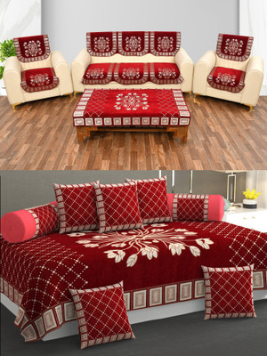 FreshFabrics Velvet Abstract Diwan Set(Maroon)