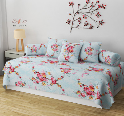 HIDECOR Cotton Floral Diwan Set(Blue)