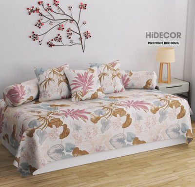 HIDECOR Cotton Abstract Diwan Set(White, Multicolor)