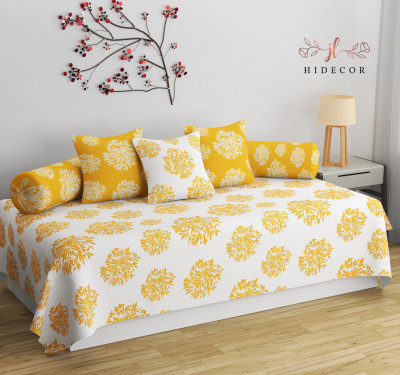 HIDECOR Cotton Polka Diwan Set(White, Yellow)