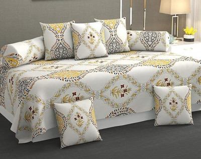 ketostics Cotton Floral Diwan Set(White)