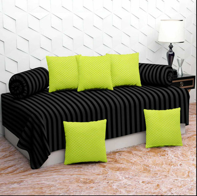 Divine Homes Polycotton Striped Diwan Set(Black, Green)