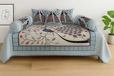 OMRUDRA Cotton Floral Diwan Set(Blue)