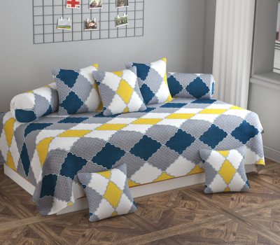 PLANO Cotton Geometric Diwan Set(White, Yellow)