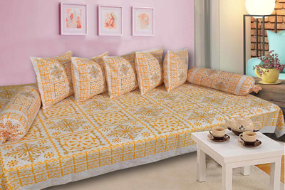 SkyKross Cotton Checkered Diwan Set(Yellow, White)