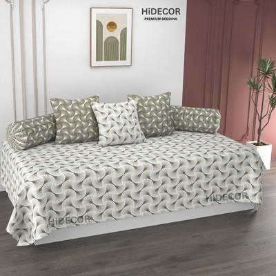 HIDECOR Cotton Abstract Diwan Set(White, Beige)