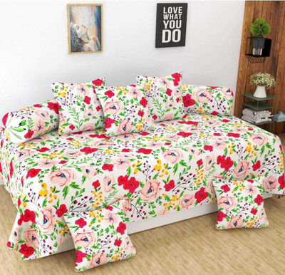 GEET TRADER Polycotton Floral Diwan Set(White)