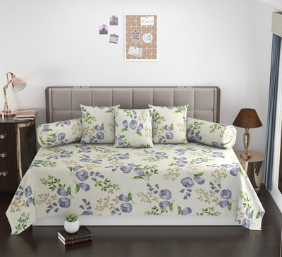 MANIQATEX Cotton Abstract Diwan Set(White, Purple)
