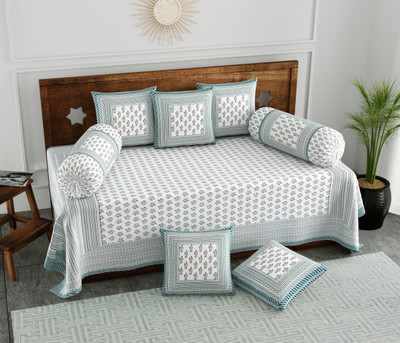 Blocks Of India Cotton Paisley Diwan Set(Green, White)