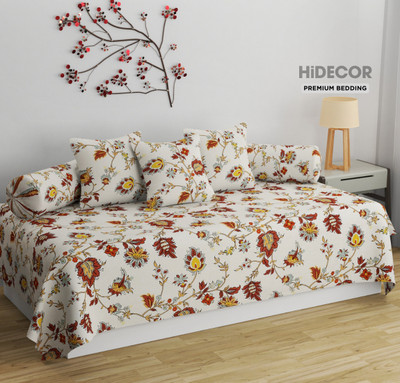 HIDECOR Cotton Abstract Diwan Set(White, Brown)
